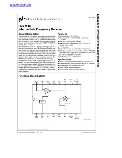 National Semiconductor LMX2240 Intermediate Frequency Receiver Datasheet - cover page