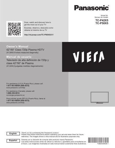 Panasonic TC-P42X5/TC-P50X5 Plasma HDTV Owner's Manual - cover page