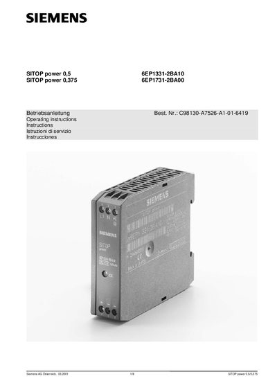 SIEMENS SITOP power 0 5 6EP1331-2BA10 SITOP power 0 375 6EP1731-2BA00 - cover page