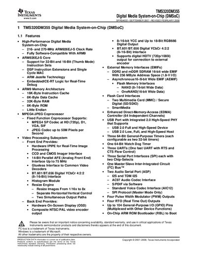 Texas Instruments TMS320DM355 Digital Media System-on-Chip Datasheet - cover page