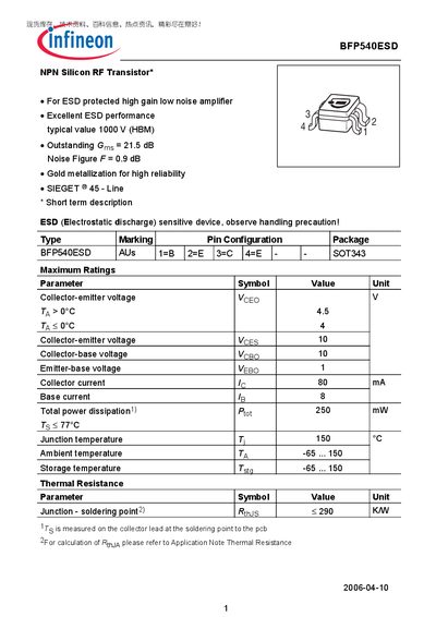 Infineon BFP540ESD Datasheet - cover page