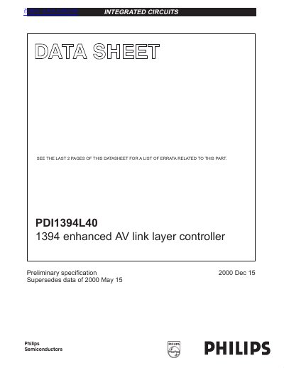 Philips PDI1394L40 1394 Enhanced AV Link Layer Controller Datasheet - cover page