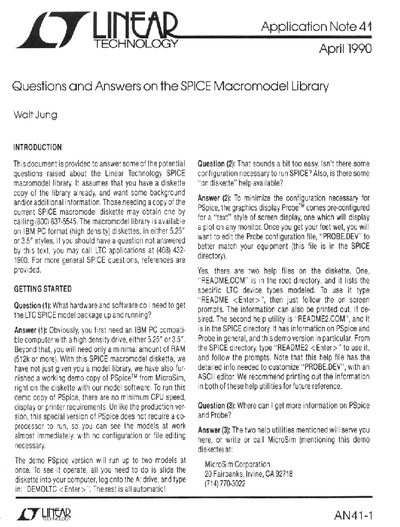 LINEAR AN41 Questions Answers on the SPICE Macromodel Library handbook - cover page