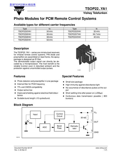 Vishay TSOP22..YA1 Series Infrared Receiver Datasheet - cover page