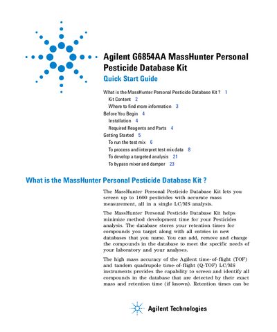 Agilent G6854AA MassHunter Personal Pesticide Database Kit Manual - cover page