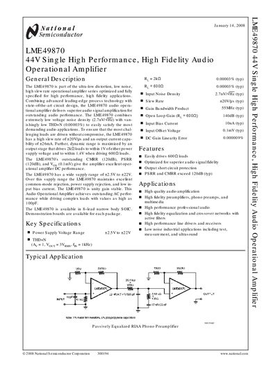 National Semiconductor LME49870 Audio Operational Amplifier Manual - cover page