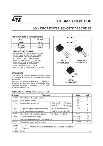 STMicroelectronics STPS41L30CG/CT/CR Schottky Rectifier Datasheet - cover page