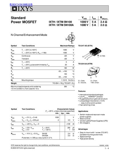 IXYS IXTH 5N100/5N100A Power MOSFET Data Sheet - cover page
