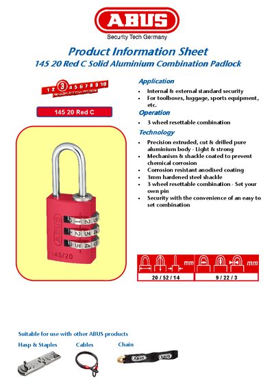 ABUS 145 20 Red C Combination Padlock Product Information Sheet - cover page