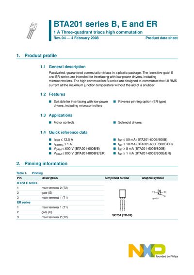 NXP BTA201 Series B/E/ER Triac Datasheet - cover page