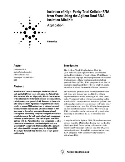 Agilent Total RNA Isolation Mini Kit Application Note for Yeast - cover page