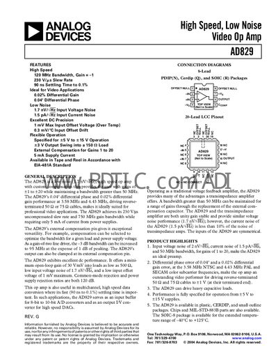 Analog Devices AD829 Video Op Amp Datasheet - cover page