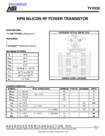 ASI TVV030 NPN Silicon RF Power Transistor Datasheet