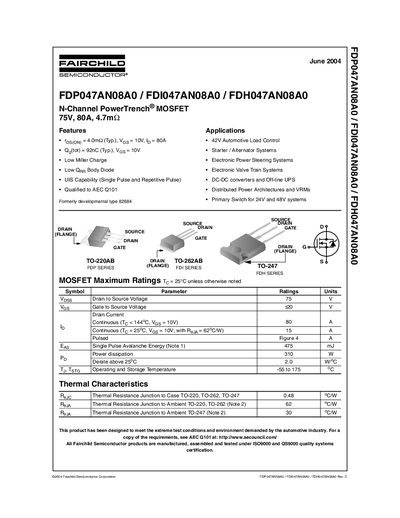 FAIRCHILD FDP047AN08A0 FDI047AN08A0 FDH047AN08A0 Manual - cover page