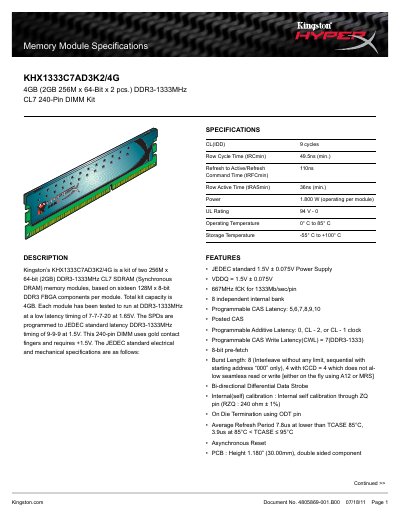 Kingston KHX1333C7AD3K2/4G Memory Module Specifications - cover page