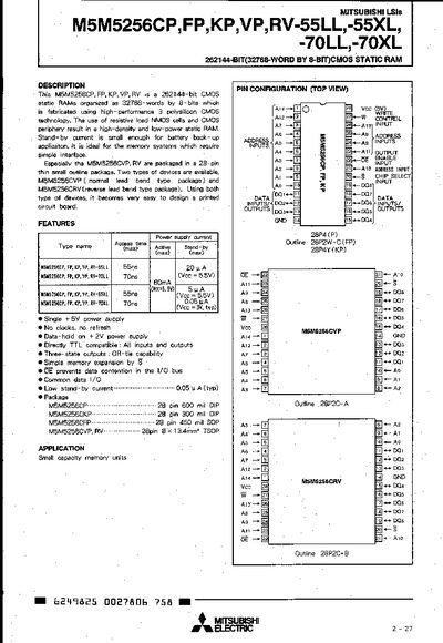 MITSUBISHI ELECTRIC M5M5256CP FP KP VP RV-55LL -55XL -70LL -70XL Manual - cover page