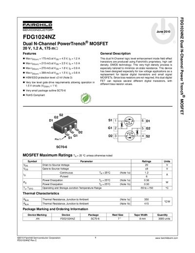 Fairchild Semiconductor FDG1024NZ Dual N-Channel MOSFET Datasheet - cover page