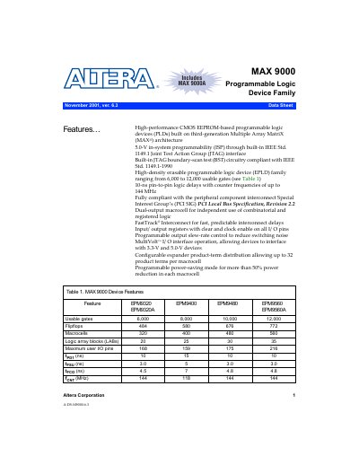 Altera MAX 9000 Programmable Logic Device Family Data Sheet - cover page