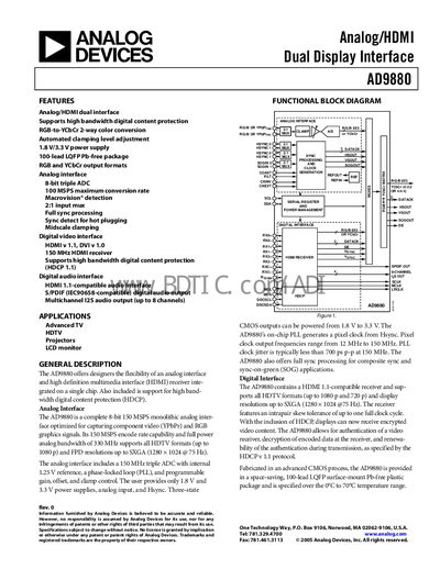 Analog Devices AD9880 Datasheet - cover page