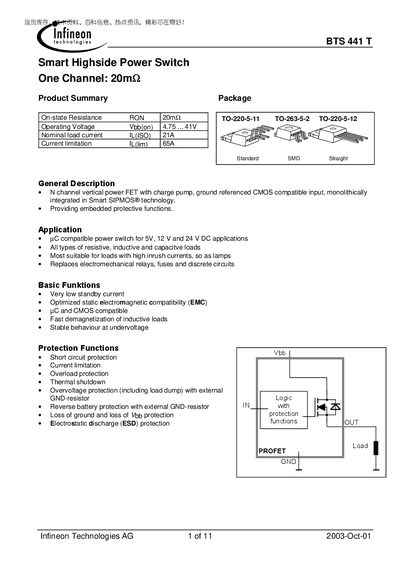 Infineon BTS441T Smart Highside Power Switch Datasheet - cover page