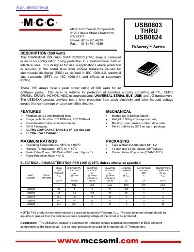 Micro commercial components USB0803 THRU USB0824 handbook - cover page