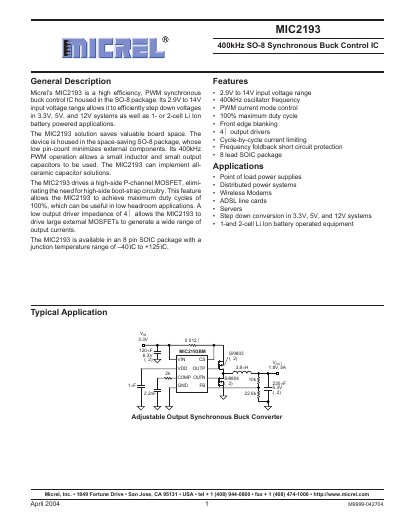 Micrel MIC2193 Synchronous Buck Control IC Datasheet - cover page
