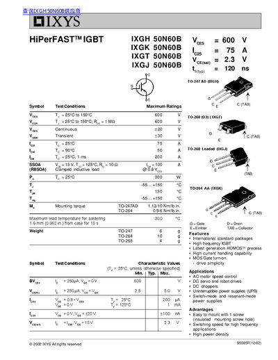 IXYS IXGH/IXGK/IXGT/IXGJ 50N60B IGBT Datasheet - cover page