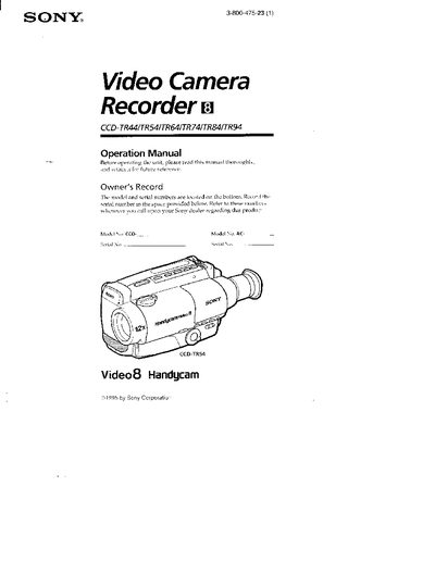 Sony CCD-TR44/54/64/74/84/94 Handycam Operation Manual - cover page