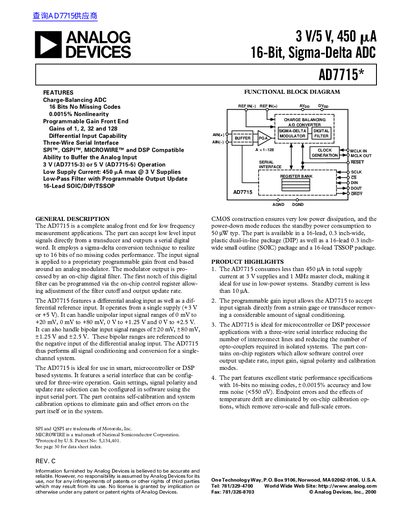 Analog Devices AD7715 3 V/5 V 450 pA 16-Bit Sigma-Delta ADC Datasheet