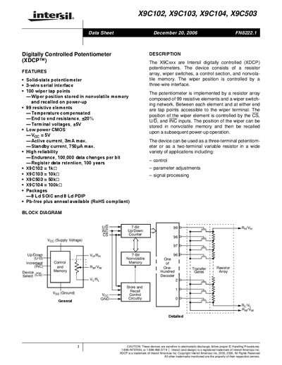 INTERSIL X9C102/X9C103/X9C104/X9C503 Manual - cover page