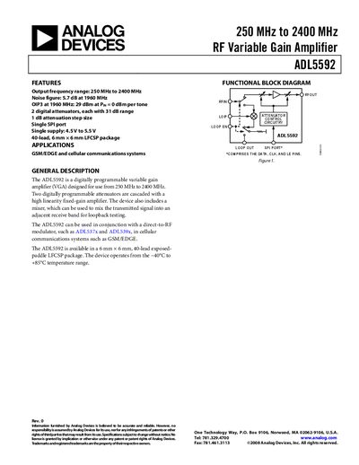 Analog Devices ADL5592 RF Variable Gain Amplifier Product Handbook - cover page