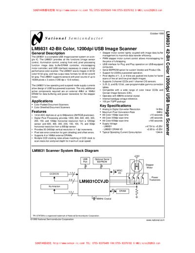National Semiconductor LM9831 42‑Bit Color 1200 dpi USB Image Scanner Manual - cover page