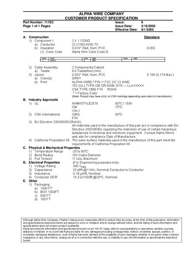 Alpha Wire 1172C Product Specification - cover page