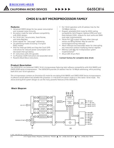 California Micro Devices G65SC816 CMOS 8/16-Bit Microprocessor Family Datasheet - cover page