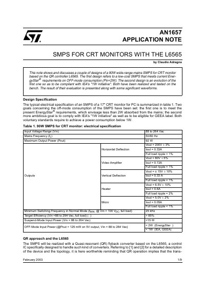STMicroelectronics AN1657 Application Note: SMPS for CRT Monitors with L6565 - cover page