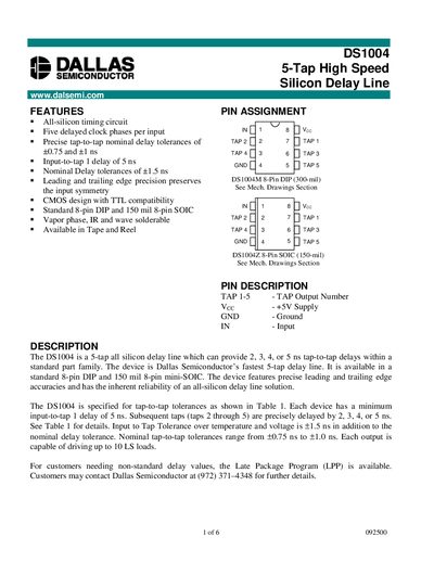 Dallas DS1004 5-Tap High Speed Silicon Delay Line Datasheet - cover page