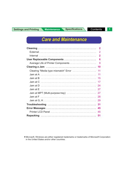 Panasonic 8415MNTC Printer Maintenance and Specifications Guide - cover page