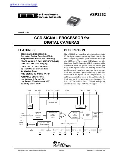 Texas Instruments VSP2262Y CCD Signal Processor Datasheet - cover page