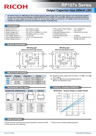Ricoh RP107x Series Output Capacitor-less LDO Datasheet - cover page