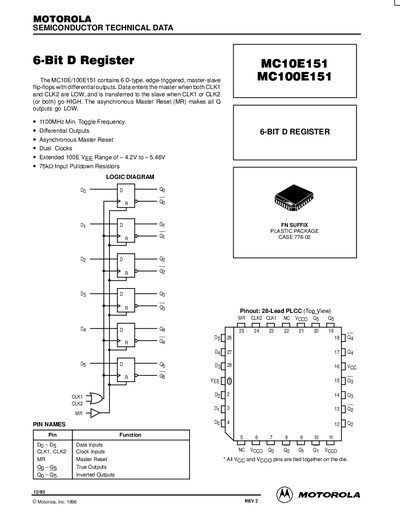 Motorola MC10E151/MC100E151 6-Bit D Register Datasheet