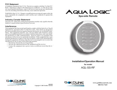 Goldline Controls AQL-SS-RF Spa-side Remote Installation/Operation Manual - cover page