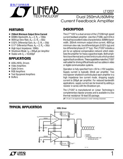 Linear Technology LT1207 Dual 250mA/60MHz Current Feedback Amplifier Datasheet - cover page