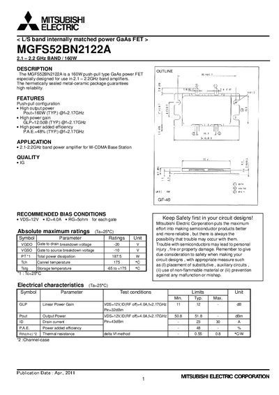 Mitsubishi Electric MGFS52BN2122A Power FET Datasheet - cover page
