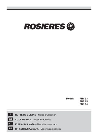 Rosieres RHV93 RBE95 RSB94 Cooker Hood User Manual - cover page