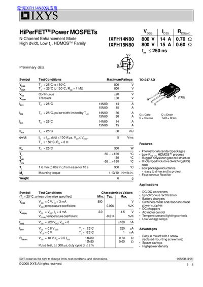 IXYS IXFH14N80/IXFH15N80 Preliminary Data Sheet - cover page