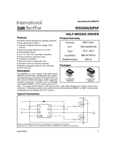 International Rectifier IRS2004 Half-Bridge Driver Datasheet - cover page