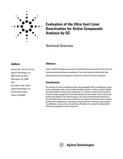 Agilent Ultra Inert Liner Deactivation for Active Compounds Analysis by GC Technical Overview - cover page