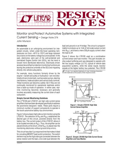LINEAR Monitor Protect Automotive Systems with Integrated Current Sensing Design Note 374 handbook - cover page