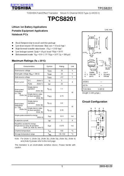 Toshiba TPCS8201 N-Channel MOSFET Datasheet - cover page