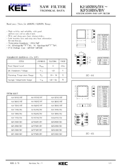 KEC SAW Filter KF402BS/BV to KF518BS/BV Technical Data Sheet - cover page